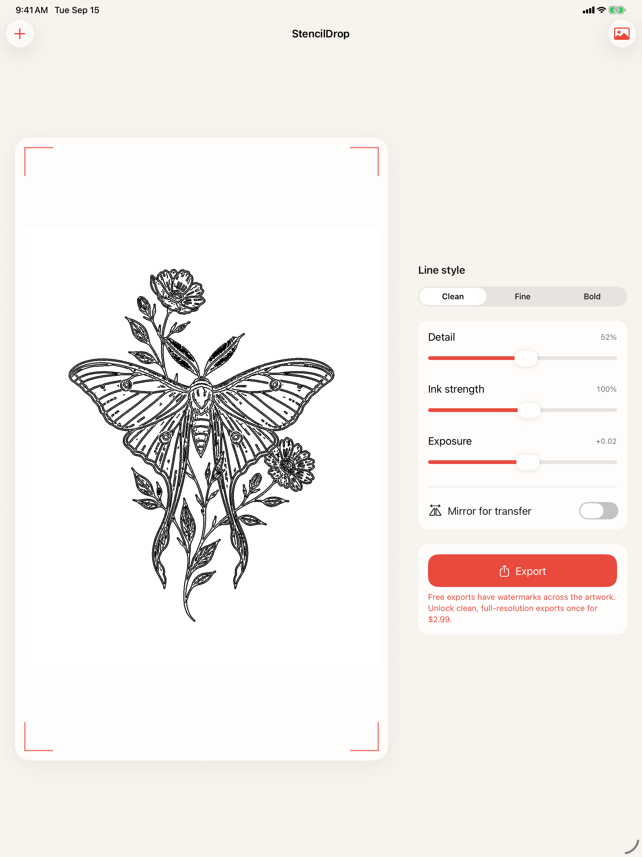 StencilDrop iPad editor with large stencil preview and persistent controls